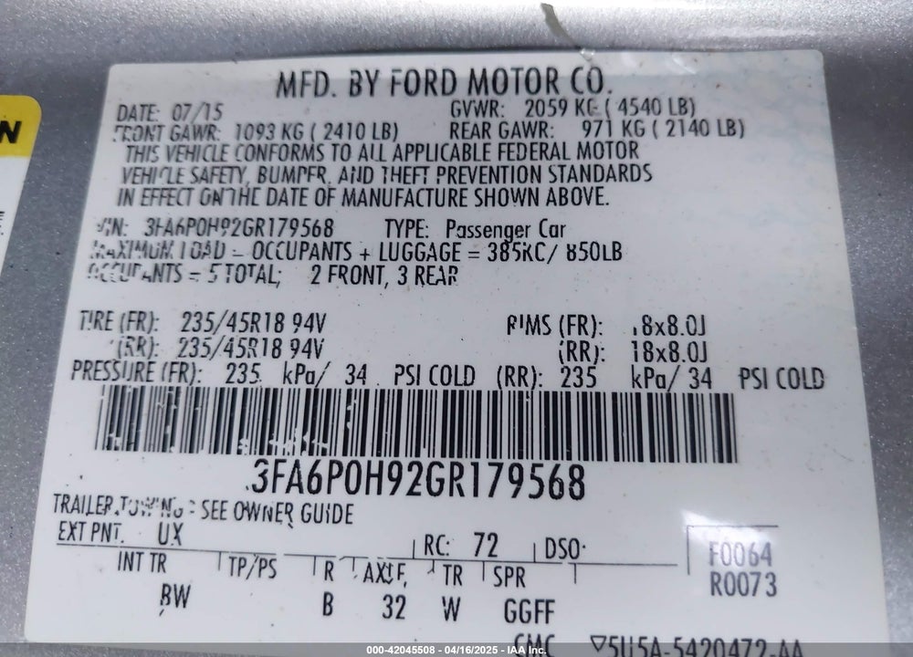2016 FORD FUSION SE VIN: 3FA6P0H92GR179568
