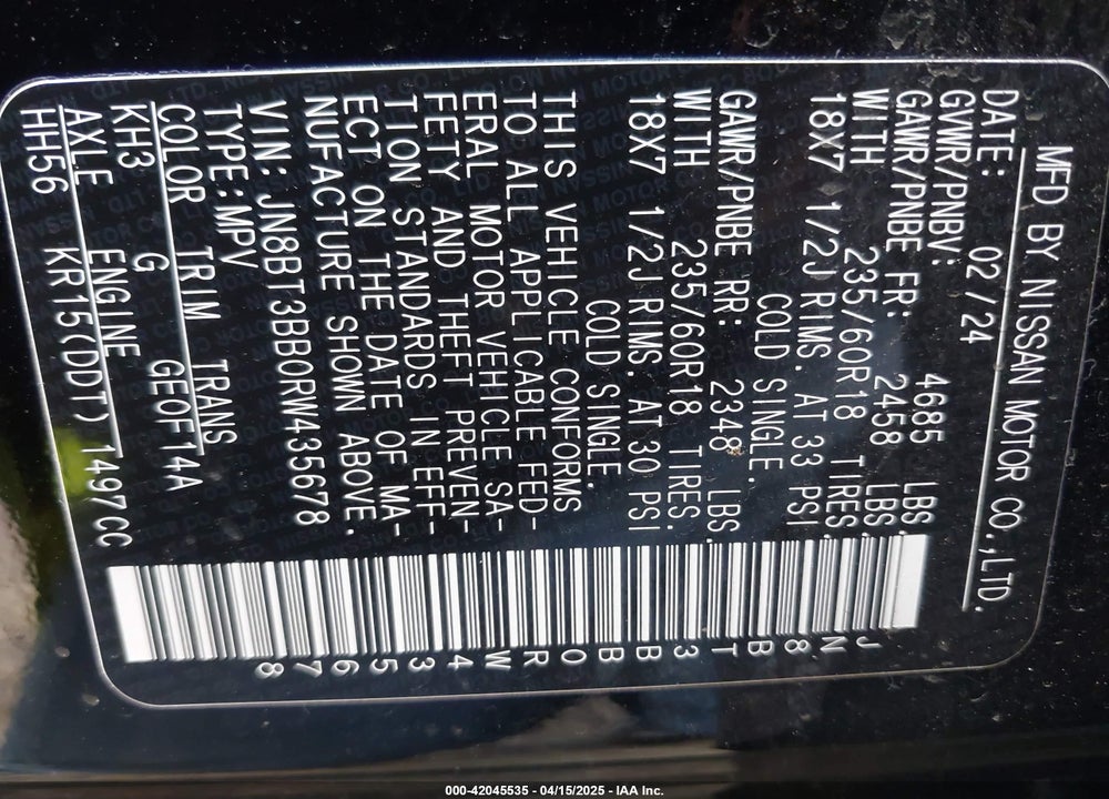 2024 NISSAN ROGUE VIN: JN8BT3BB0RW435678