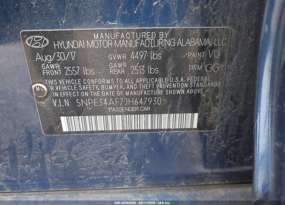 2018 HYUNDAI SONATA SEL VIN: 5NPE34AF7JH647930