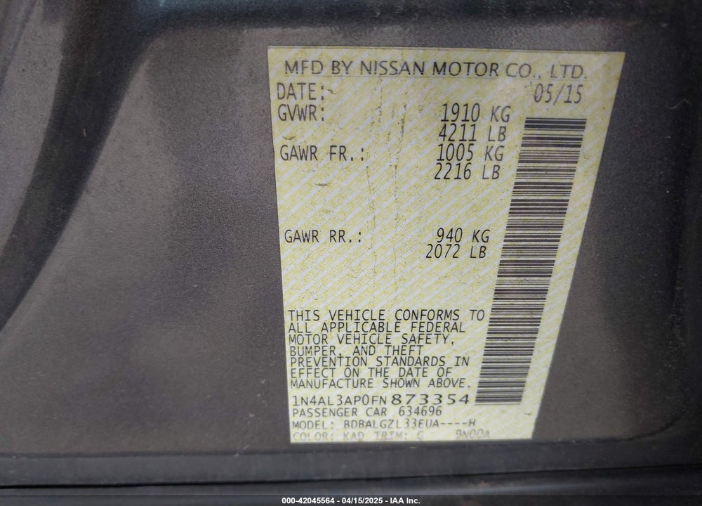2015 NISSAN ALTIMA VIN: 1N4AL3AP0FN873354