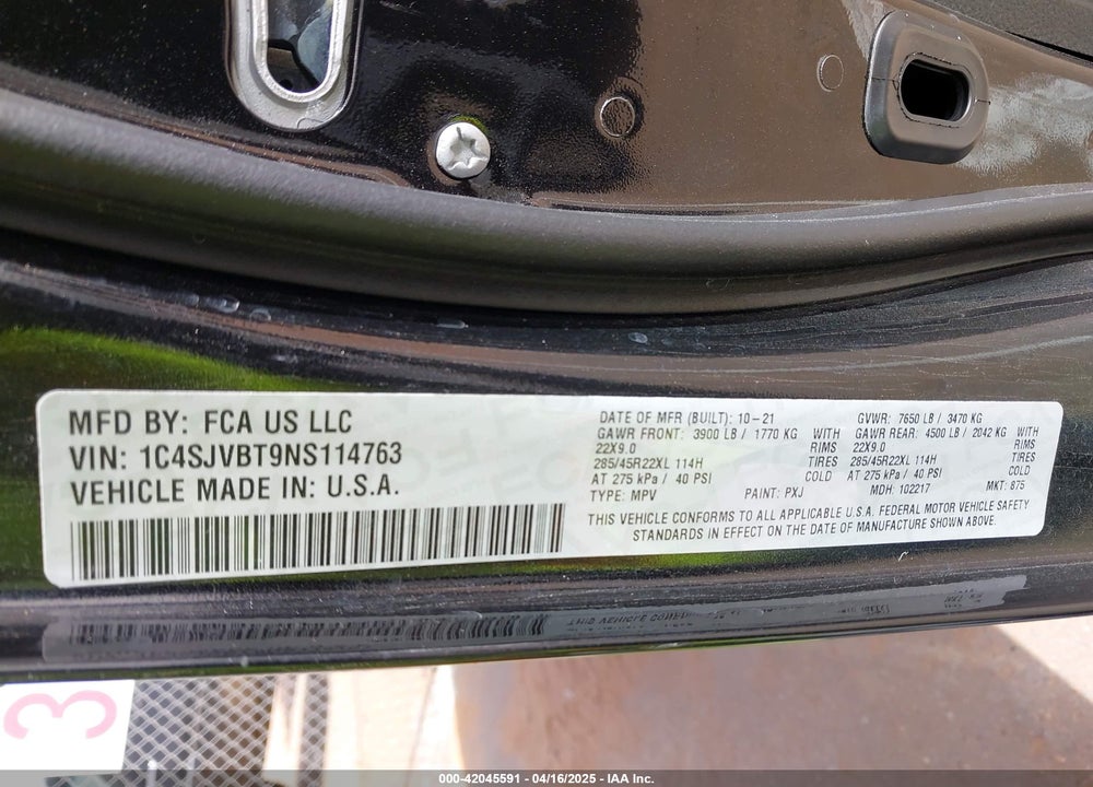 2022 JEEP WAGONEER VIN: 1C4SJVBT9NS114763