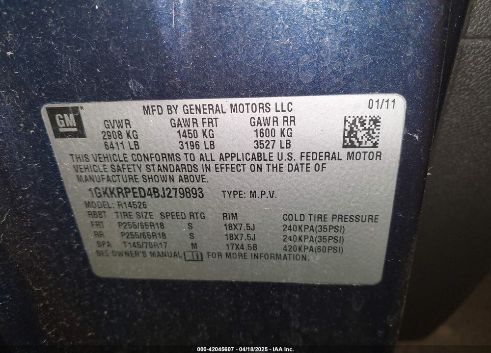 2011 GMC ACADIA SLE VIN: 1GKKRPED4BJ279893