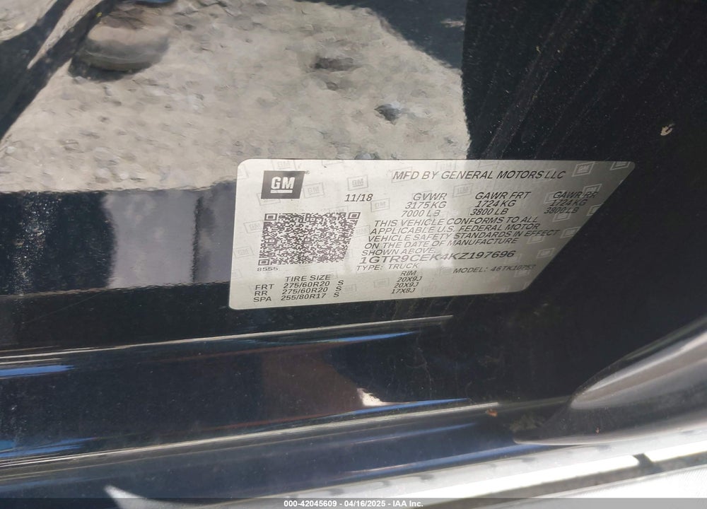 2019 GMC SIERRA 1500 VIN: 1GTR9CEK4KZ197696