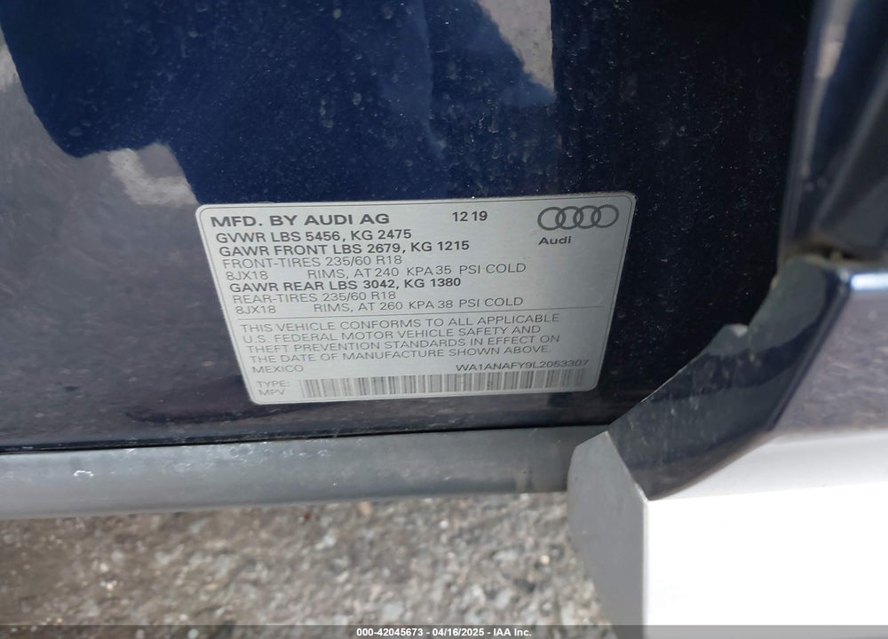 2020 AUDI Q5 PREMIUM 45 TFSI QUATTRO S TRONIC VIN: WA1ANAFY9L2053307