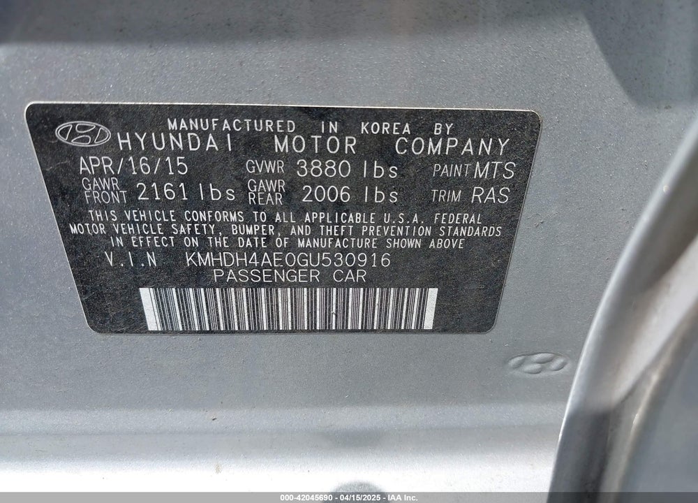 2016 HYUNDAI ELANTRA SE VIN: KMHDH4AE0GU530916
