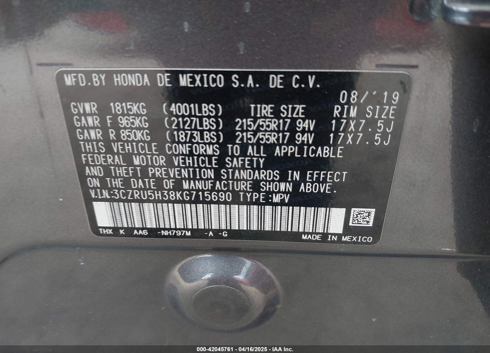 2019 HONDA HR-V VIN: 3CZRU5H38KG715690