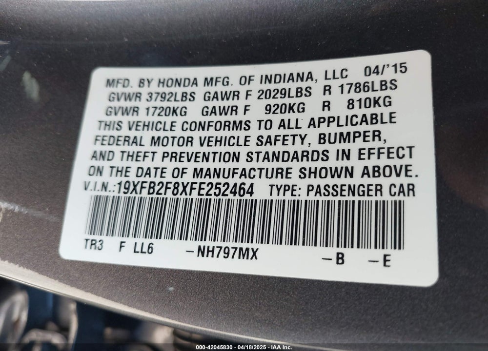 2015 HONDA CIVIC VIN: 19XFB2F8XFE252464