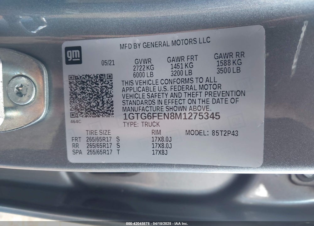 2021 GMC CANYON VIN: 1GTG6FEN8M1275345
