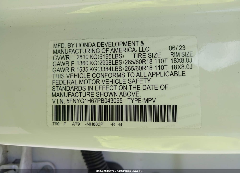2023 HONDA PILOT AWD TRAILSPORT VIN: 5FNYG1H67PB043095