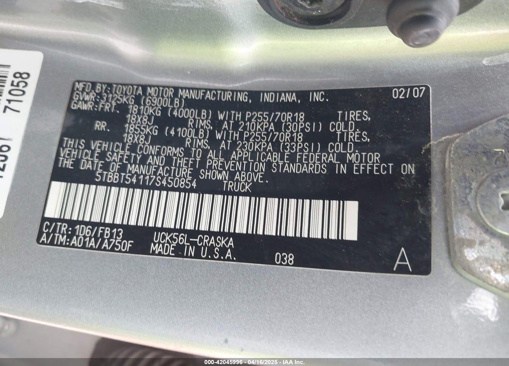 2007 TOYOTA TUNDRA SR5 4.7L V8 VIN: 5TBBT54117S450854