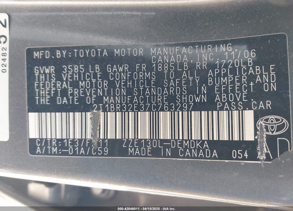 2007 TOYOTA COROLLA CE VIN: 2T1BR32E37C763297