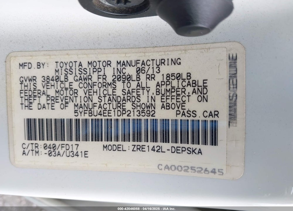 2013 TOYOTA COROLLA S VIN: 5YFBU4EE1DP213592
