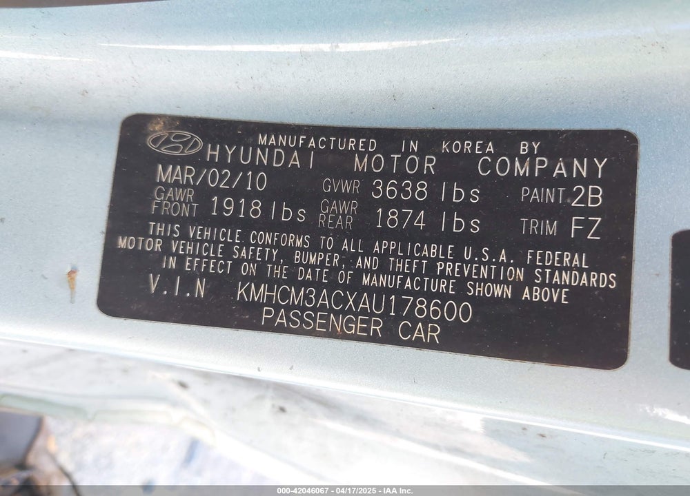 2010 HYUNDAI ACCENT GS VIN: KMHCM3ACXAU178600