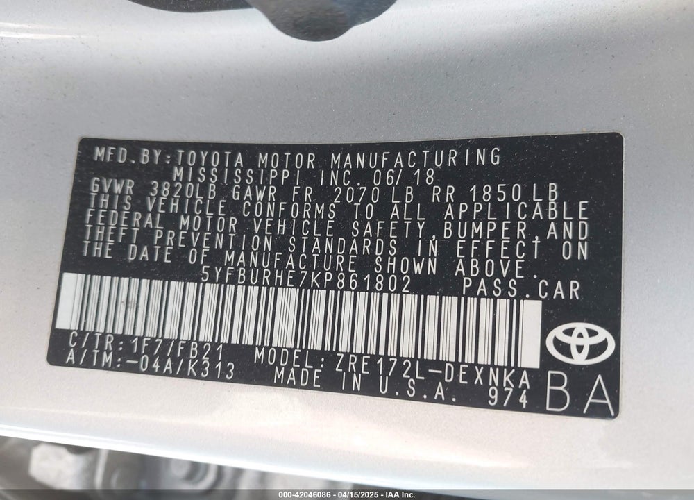 2019 TOYOTA COROLLA L/LE/XLE/SE/XSE VIN: 5YFBURHE7KP861802
