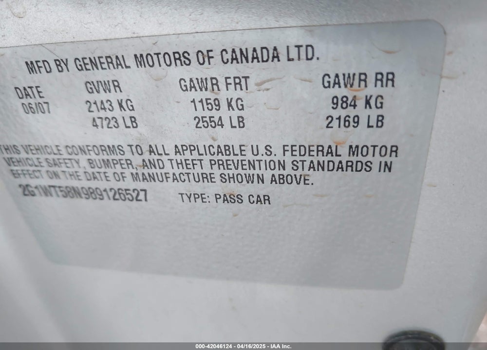 2008 CHEVROLET IMPALA LT VIN: 2G1WT58N989126527
