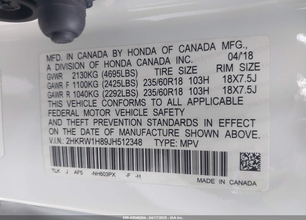 2018 HONDA CR-V EX-L/EX-L NAVI VIN: 2HKRW1H89JH512348