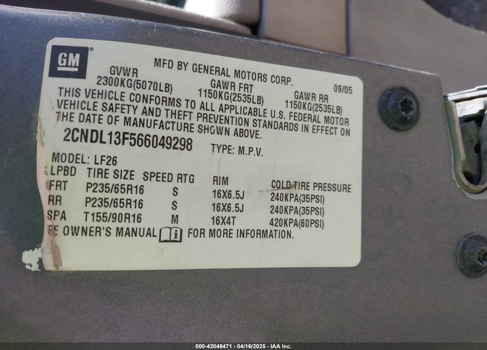 2006 CHEVROLET EQUINOX LS VIN: 2CNDL13F566049298