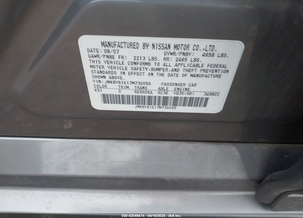 2007 INFINITI G35 VIN: JNKBV61E17M730055
