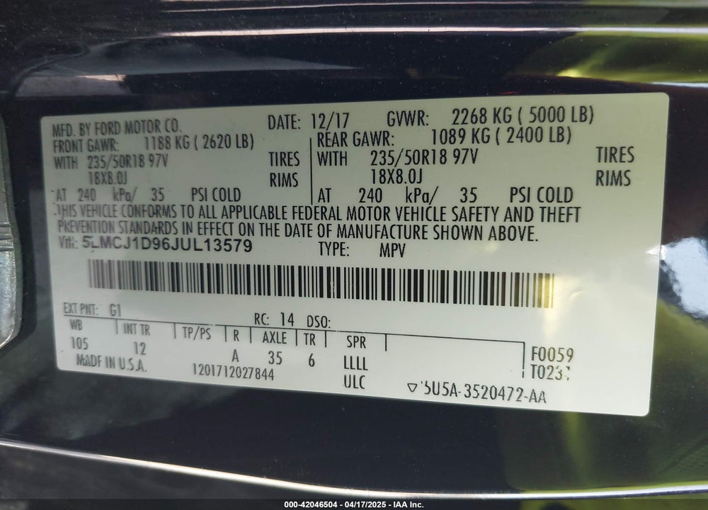 2018 LINCOLN MKC VIN: 5LMCJ1D96JUL13579