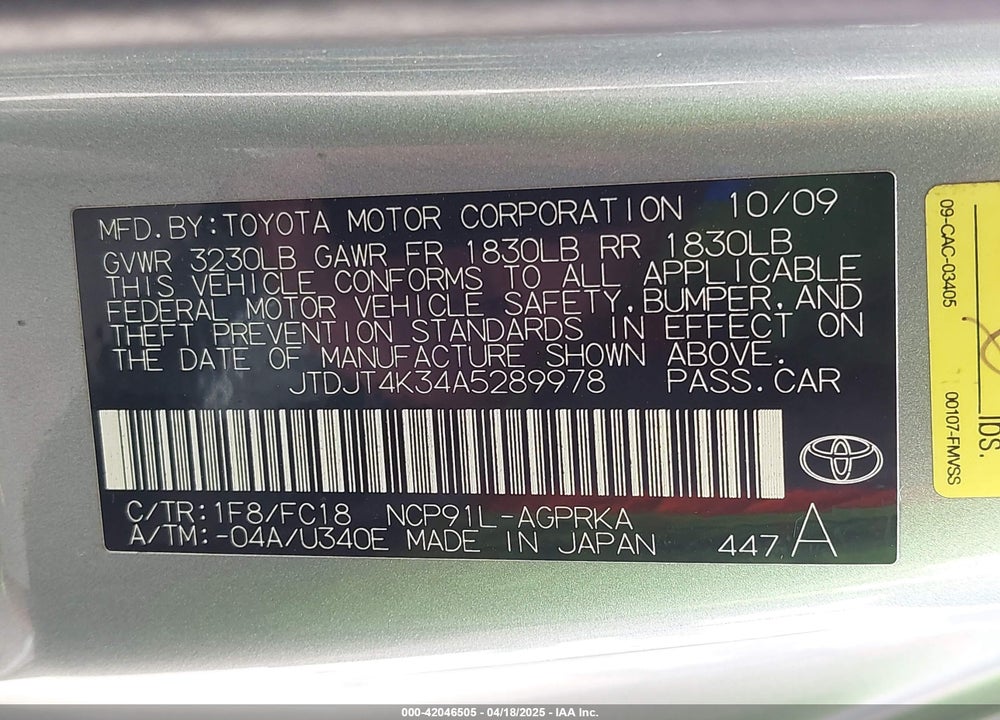 2010 TOYOTA YARIS VIN: JTDJT4K34A5289978