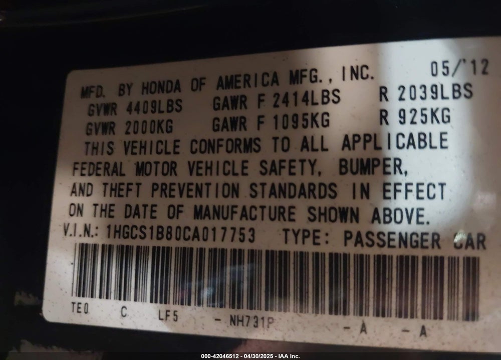2012 HONDA ACCORD VIN: 1HGCS1B80CA017753