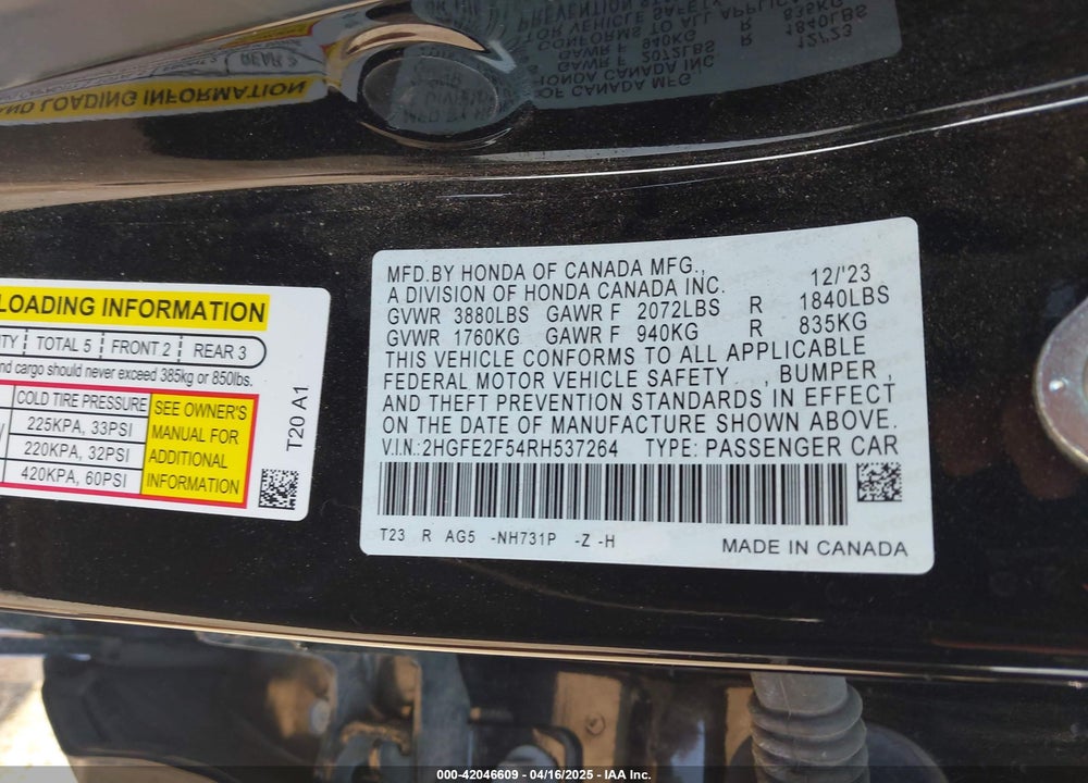 2024 HONDA CIVIC VIN: 2HGFE2F54RH537264