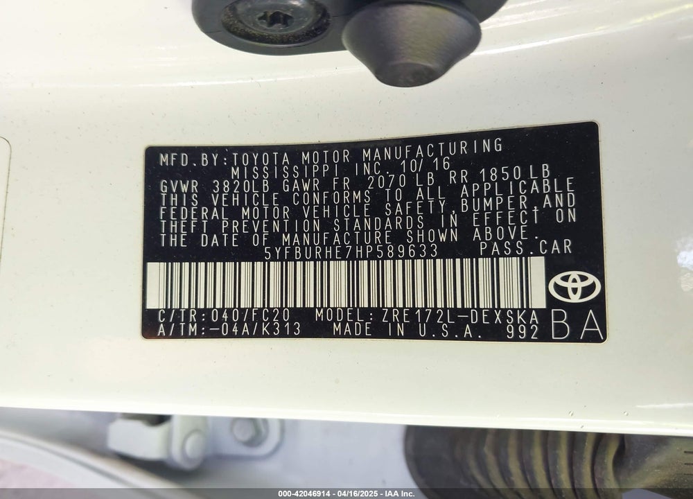 2017 TOYOTA COROLLA SE VIN: 5YFBURHE7HP589633