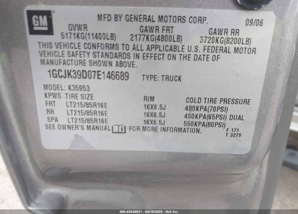 2007 CHEVROLET SILVERADO 3500 CLASSIC LT1 VIN: 1GCJK39D07E146689