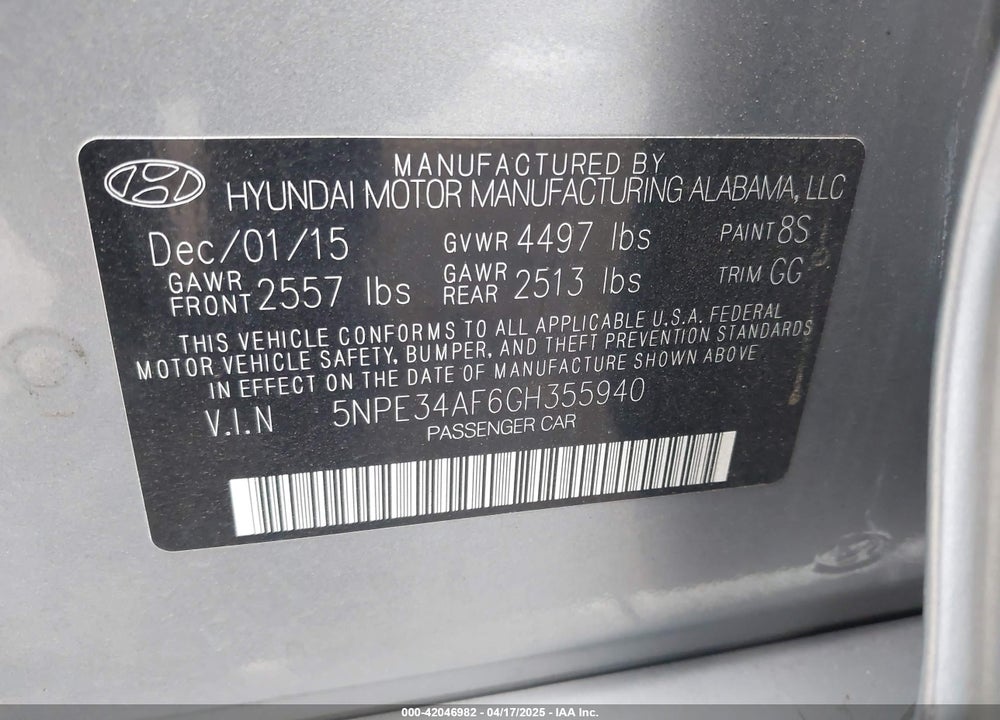 2016 HYUNDAI SONATA VIN: 5NPE34AF6GH355940