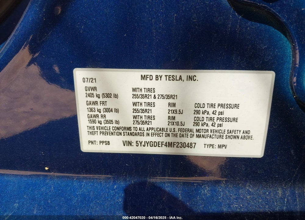 2021 TESLA MODEL Y PERFORMANCE DUAL MOTOR ALL-WHEEL DRIVE VIN: 5YJYGDEF4MF230487