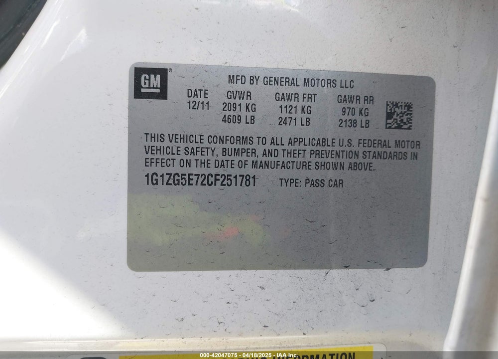 2012 CHEVROLET MALIBU 2LZ VIN: 1G1ZG5E72CF251781
