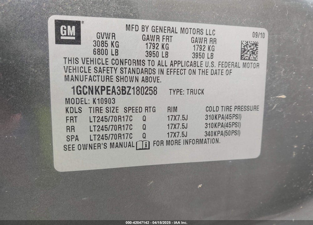 2011 CHEVROLET SILVERADO 1500 WORK TRUCK VIN: 1GCNKPEA3BZ180258