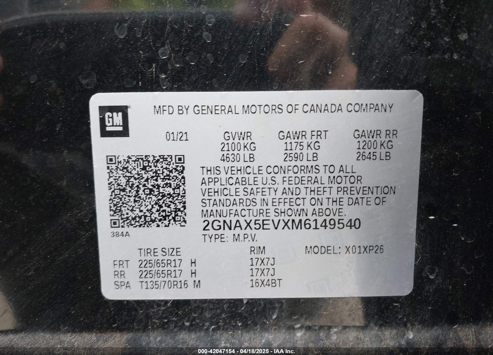 2021 CHEVROLET EQUINOX AWD 1FL VIN: 2GNAX5EVXM6149540