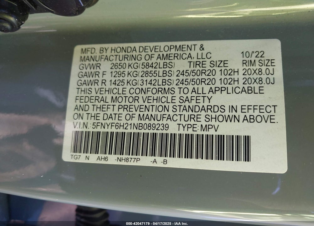 2022 HONDA PILOT AWD SPECIAL EDITION VIN: 5FNYF6H21NB089239