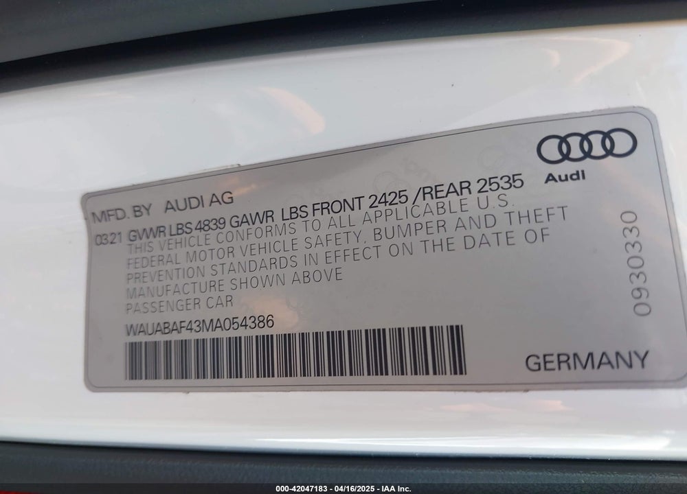 2021 AUDI A4 VIN: WAUABAF43MA054386