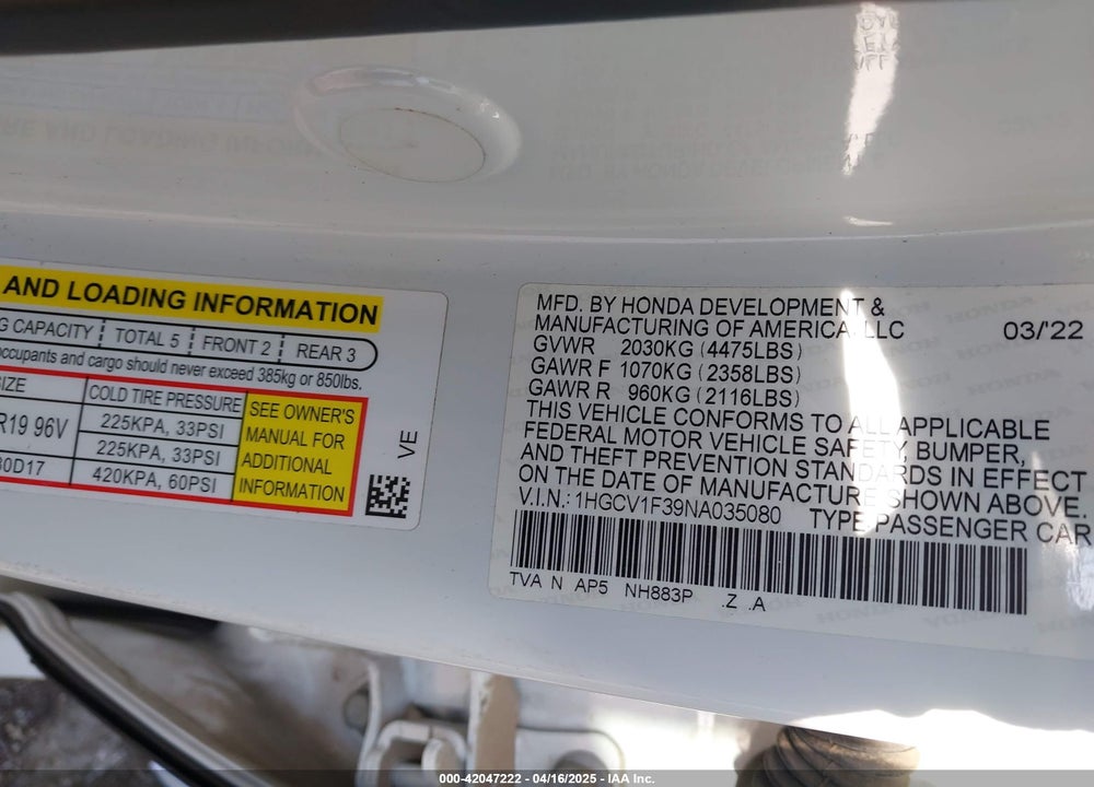 2022 HONDA ACCORD VIN: 1HGCV1F39NA035080