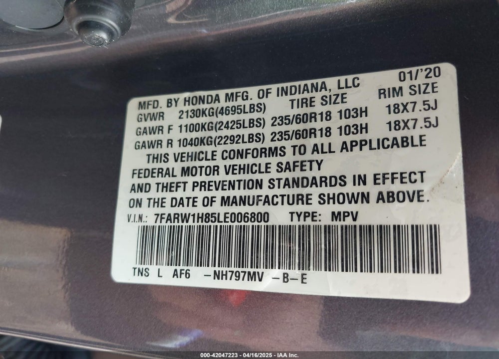 2020 HONDA CR-V VIN: 7FARW1H85LE006800