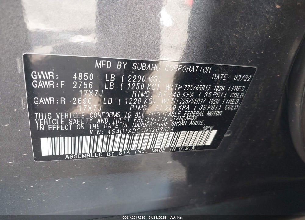 2022 SUBARU OUTBACK PREMIUM VIN: 4S4BTADC5N3203624
