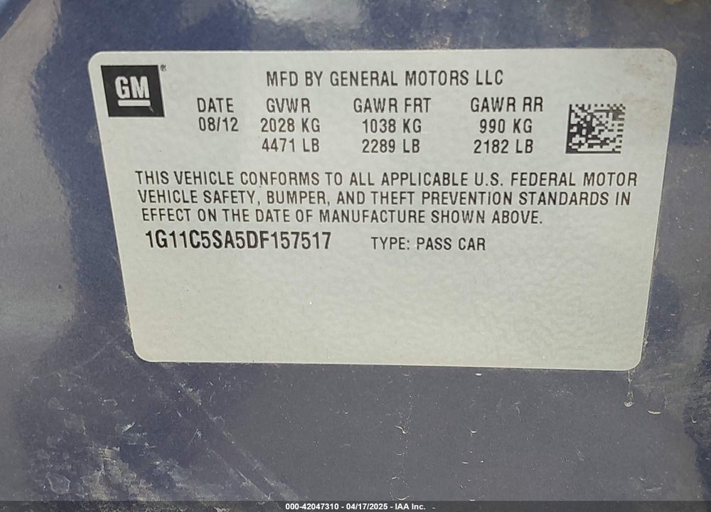 2013 CHEVROLET MALIBU VIN: 1G11C5SA5DF157517