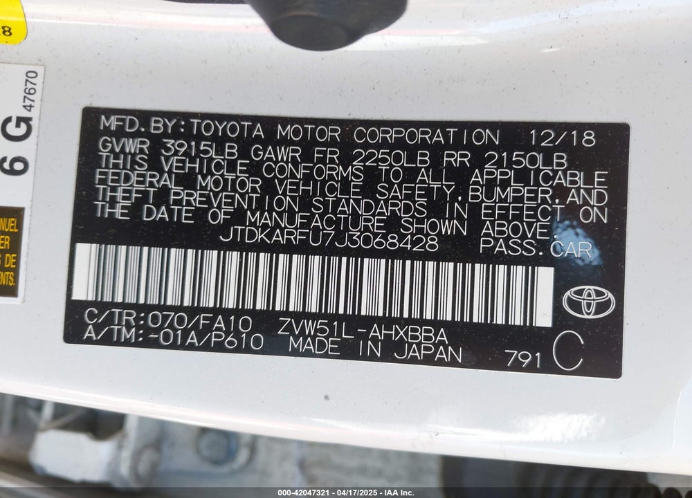 2018 TOYOTA PRIUS VIN: JTDKARFU7J3068428