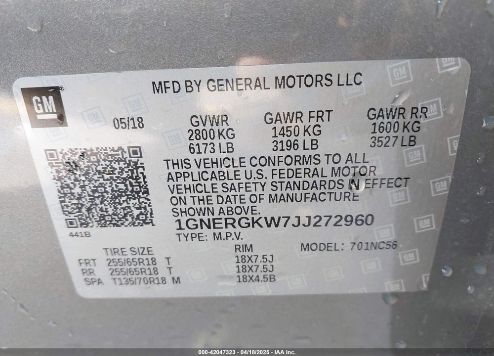 2018 CHEVROLET TRAVERSE 1LT VIN: 1GNERGKW7JJ272960
