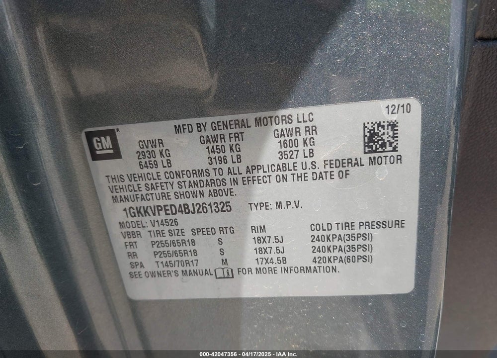 2011 GMC ACADIA SLE VIN: 1GKKVPED4BJ261325