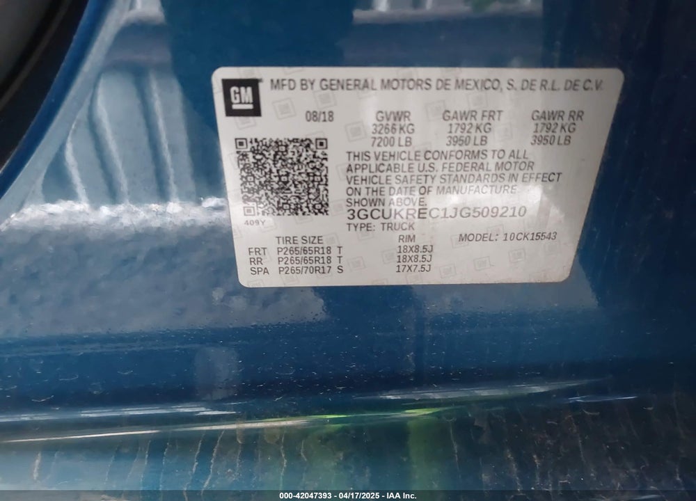 2018 CHEVROLET SILVERADO 1500 1LT VIN: 3GCUKREC1JG509210