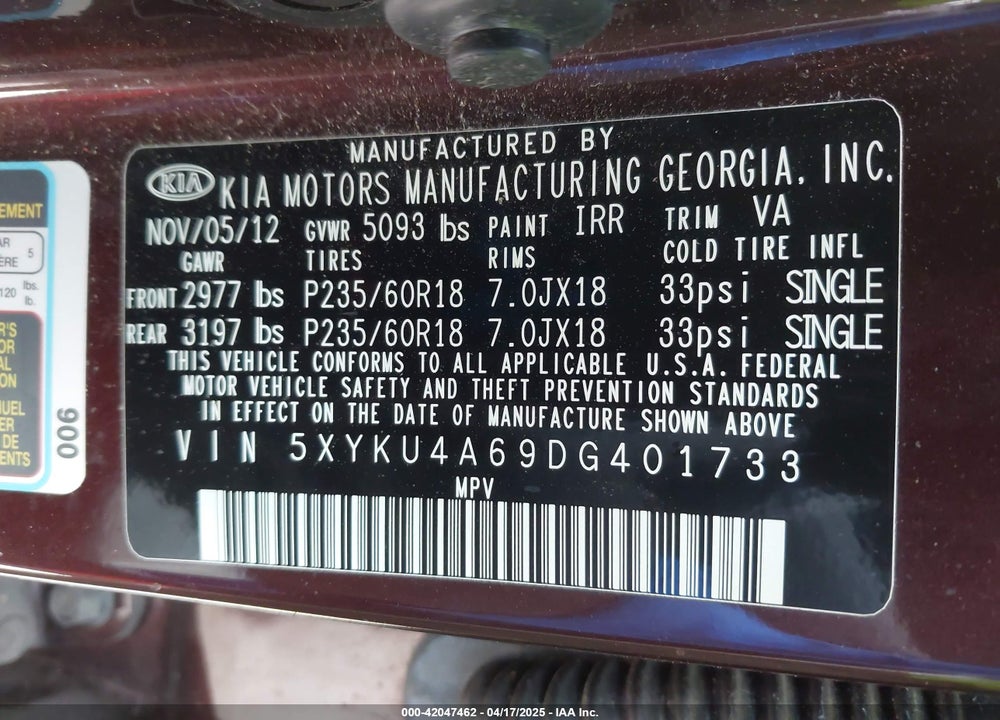 2013 KIA SORENTO EX VIN: 5XYKU4A69DG401733