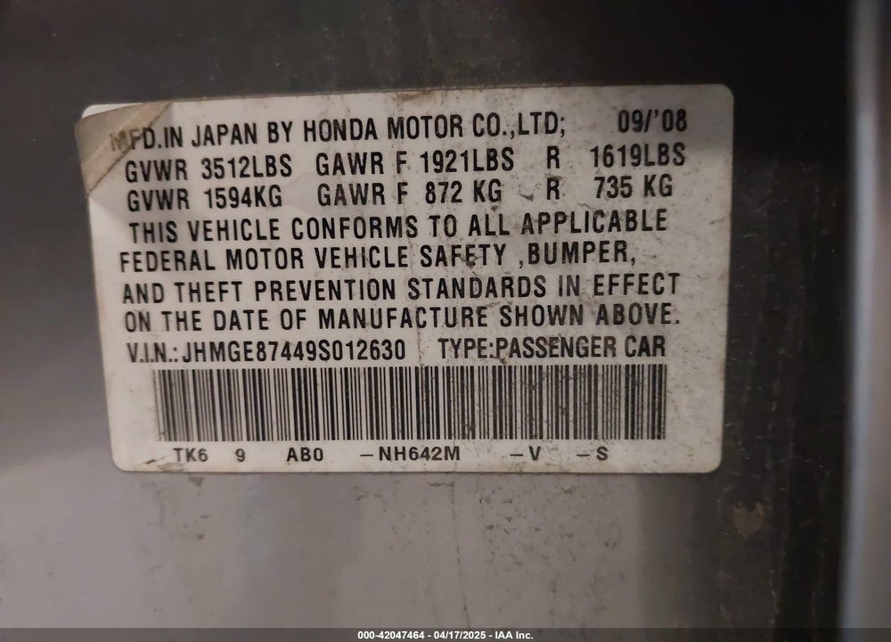 2009 HONDA FIT VIN: JHMGE87449S012630