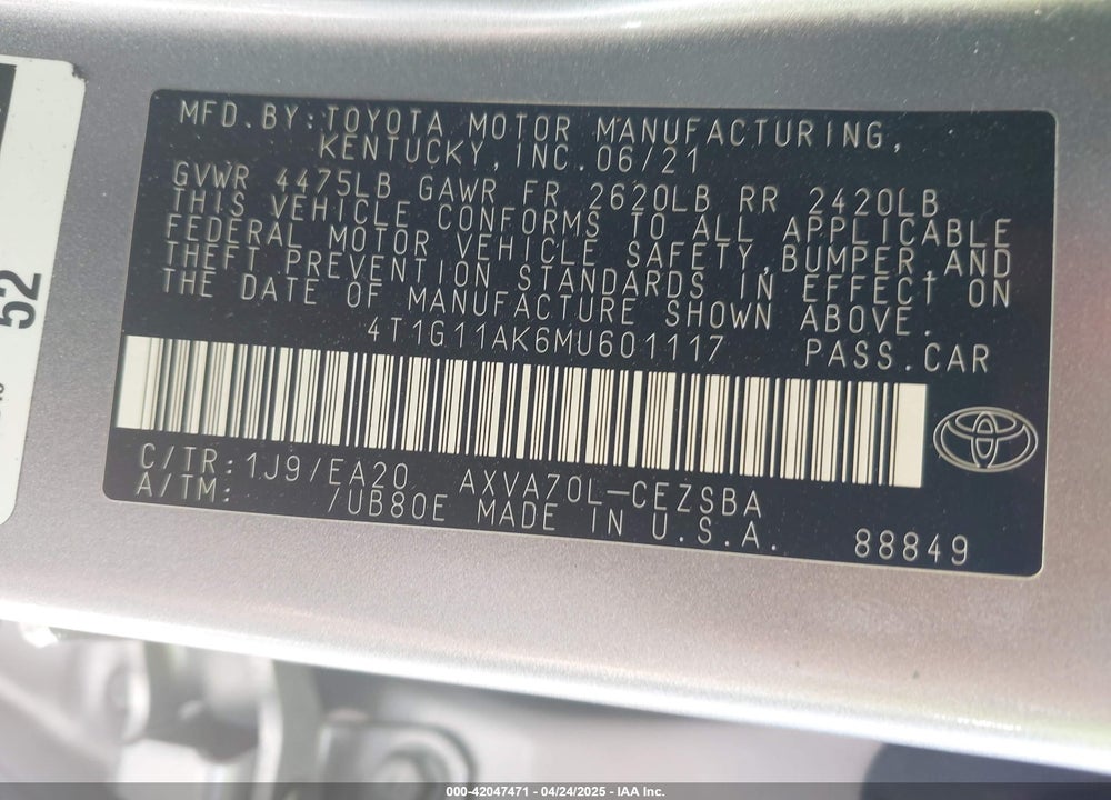 2021 TOYOTA CAMRY SE VIN: 4T1G11AK6MU601117
