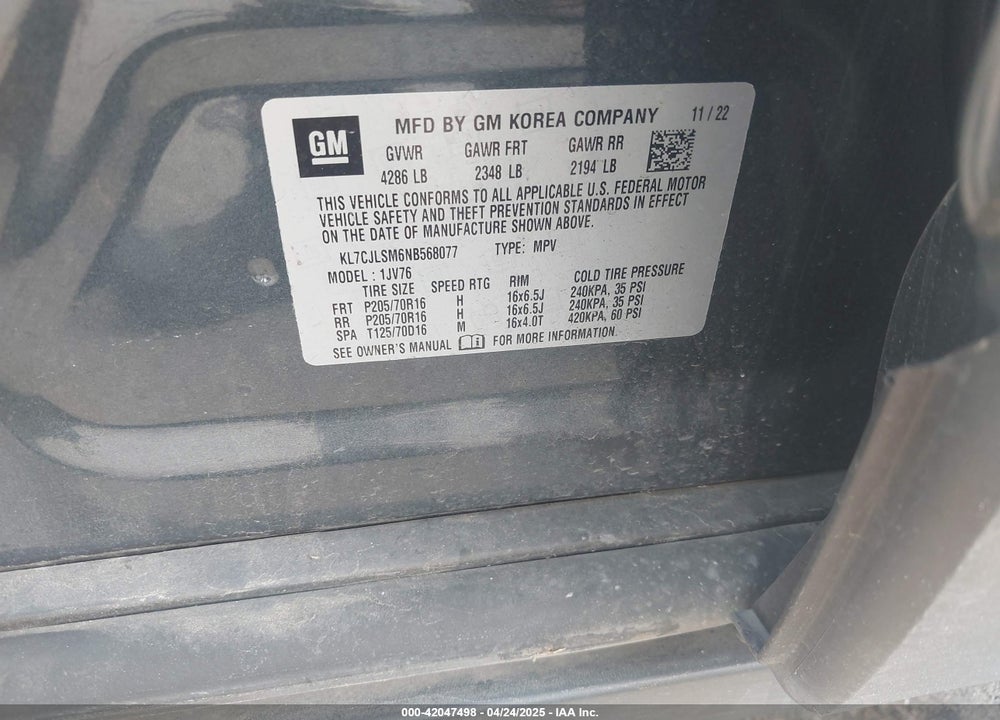 2022 CHEVROLET TRAX VIN: KL7CJLSM6NB568077