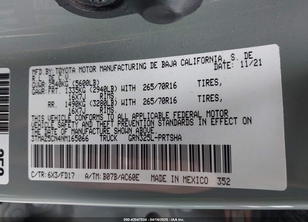 2022 TOYOTA TACOMA TRD OFF ROAD VIN: 3TMAZ5CN4NM165066