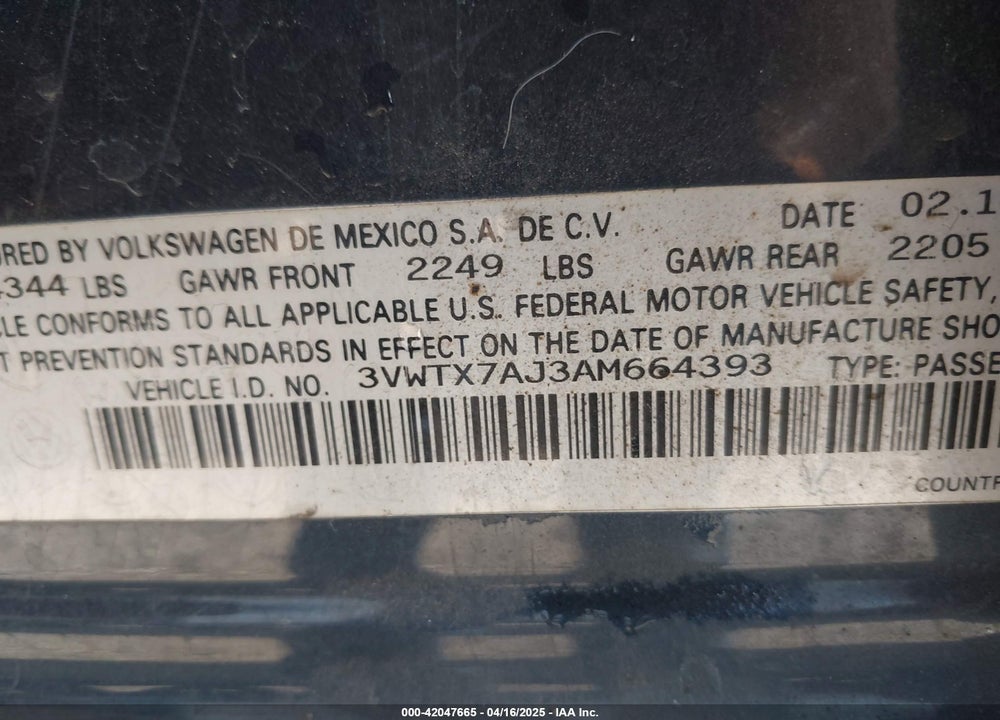 2010 VOLKSWAGEN JETTA VIN: 3VWTX7AJ3AM664393