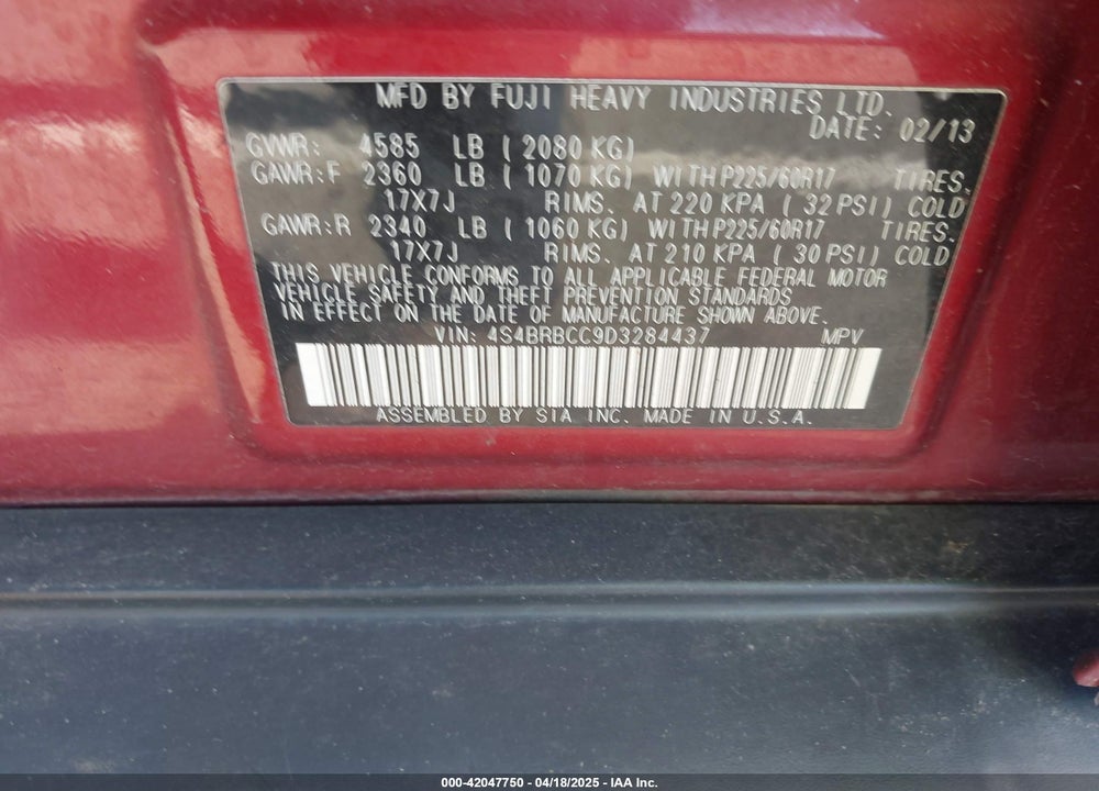 2013 SUBARU OUTBACK VIN: 4S4BRBCC9D3284437